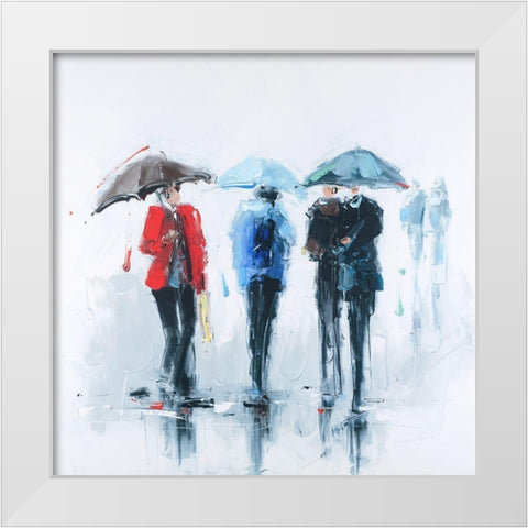 THREE PEOPLE AND THEIR UMBRELLA White Modern Wood Framed Art Print by Atelier B Art Studio
