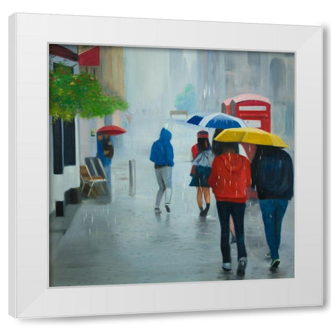 PEOPLE WALKING UNDER UMBRELLA BY A RAINY DAY White Modern Wood Framed Art Print by Atelier B Art Studio