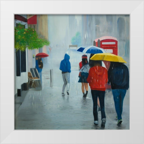 PEOPLE WALKING UNDER UMBRELLA BY A RAINY DAY White Modern Wood Framed Art Print by Atelier B Art Studio
