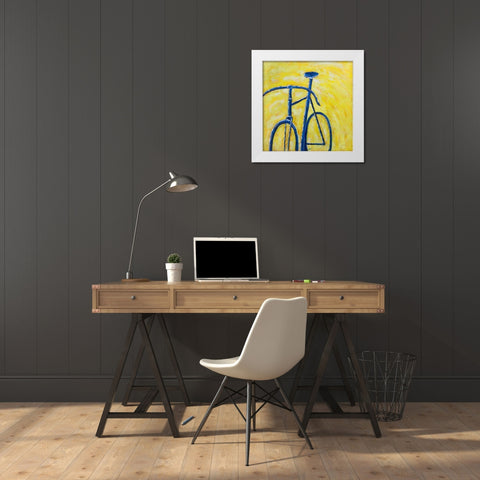 BLUE BIKE ON YELLOW BACKGROUND White Modern Wood Framed Art Print by Atelier B Art Studio