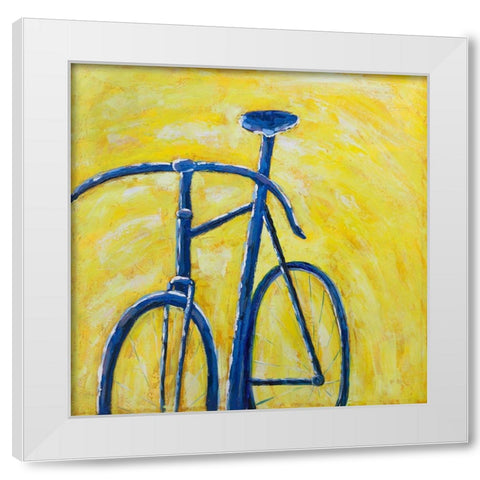 BLUE BIKE ON YELLOW BACKGROUND White Modern Wood Framed Art Print by Atelier B Art Studio