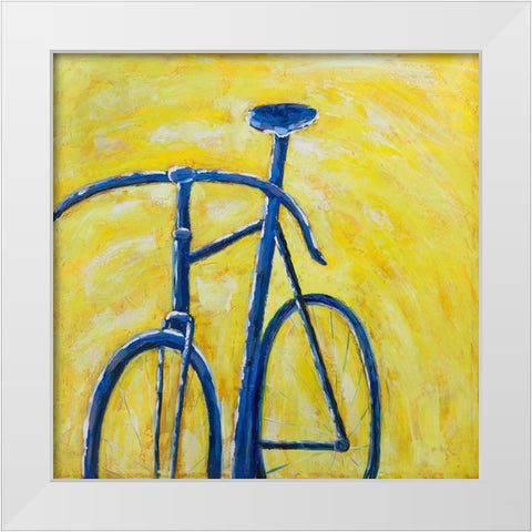 BLUE BIKE ON YELLOW BACKGROUND White Modern Wood Framed Art Print by Atelier B Art Studio