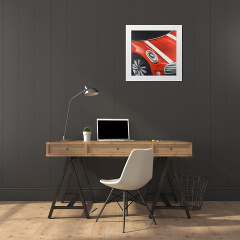 RED CAR WITH WHITE STRIPES CLOSEUP White Modern Wood Framed Art Print by Atelier B Art Studio