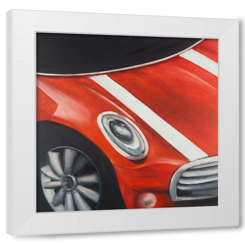 RED CAR WITH WHITE STRIPES CLOSEUP White Modern Wood Framed Art Print by Atelier B Art Studio