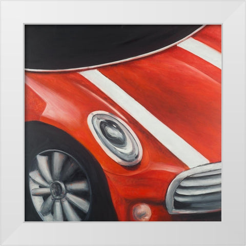 RED CAR WITH WHITE STRIPES CLOSEUP White Modern Wood Framed Art Print by Atelier B Art Studio