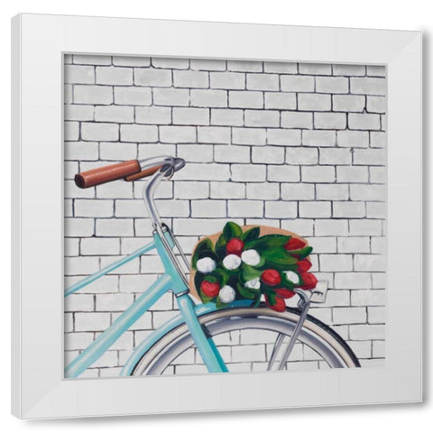 Bicycle with a Bouquet of Tulips White Modern Wood Framed Art Print by Atelier B Art Studio
