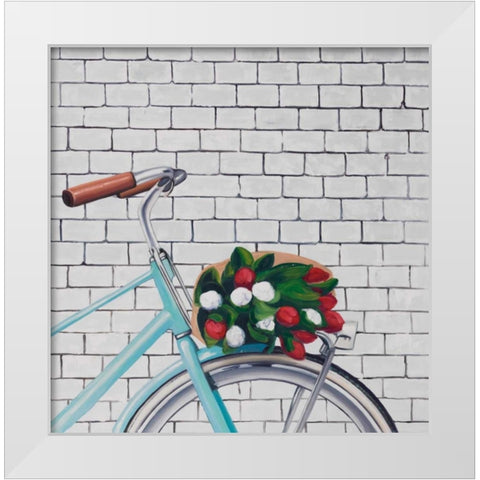 Bicycle with a Bouquet of Tulips White Modern Wood Framed Art Print by Atelier B Art Studio