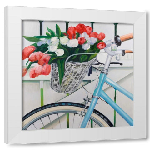 Bicycle with Tulips Flowers in Basket White Modern Wood Framed Art Print by Atelier B Art Studio