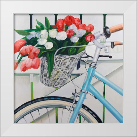 Bicycle with Tulips Flowers in Basket White Modern Wood Framed Art Print by Atelier B Art Studio