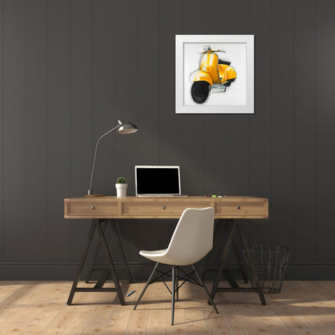 Yellow Italian Scooter White Modern Wood Framed Art Print by Atelier B Art Studio
