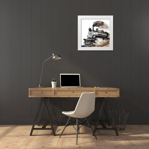 VINTAGE STEAM TRAIN White Modern Wood Framed Art Print by Atelier B Art Studio
