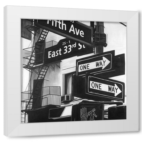 New York City Signs in Front of an Appartment White Modern Wood Framed Art Print by Atelier B Art Studio
