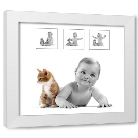 baby and kitten White Modern Wood Framed Art Print by Hoenderkamp, Patrick