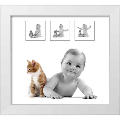 baby and kitten White Modern Wood Framed Art Print by Hoenderkamp, Patrick