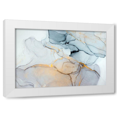 Blue, Grey, Gold Abstract White Modern Wood Framed Art Print by Dein, Mari