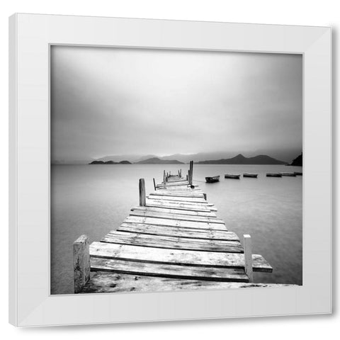 Pier at the Autumn River White Modern Wood Framed Art Print by Cho Pan, Leung