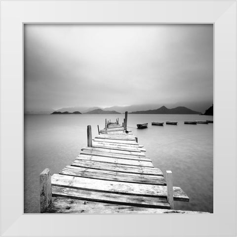 Pier at the Autumn River White Modern Wood Framed Art Print by Cho Pan, Leung