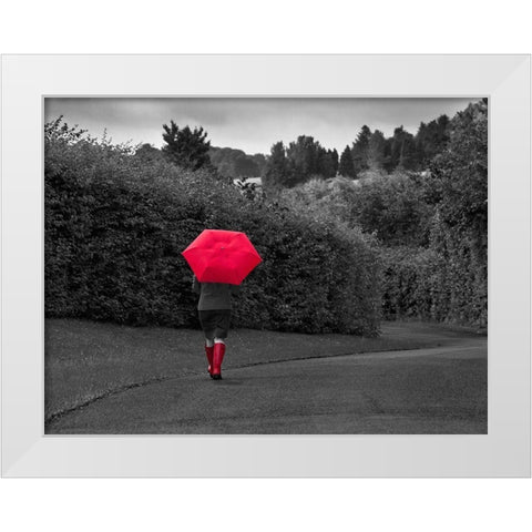 Red Boots and Umbrella White Modern Wood Framed Art Print by Anonymous