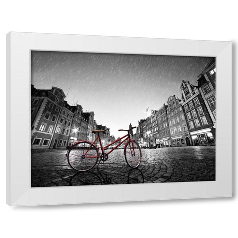 Red Bike on Cobble Stone Street White Modern Wood Framed Art Print by Bednarek, M.