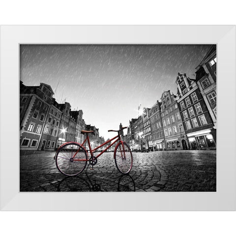 Red Bike on Cobble Stone Street White Modern Wood Framed Art Print by Bednarek, M.