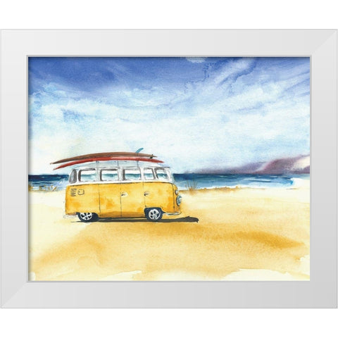 Yellow Minivan with Surfboards White Modern Wood Framed Art Print by Anonymous