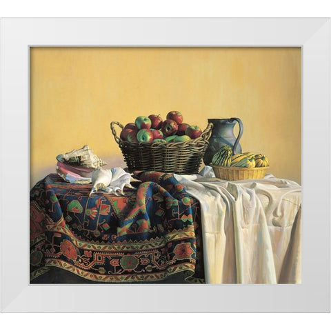 Apples And Pitcher White Modern Wood Framed Art Print by Unknown