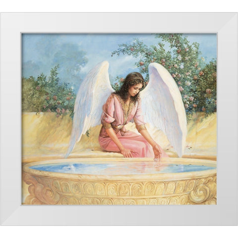 Angel and Fountain White Modern Wood Framed Art Print by Unknown