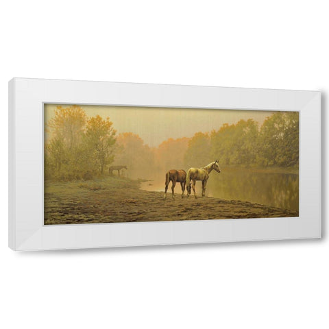 Horses in the Fog White Modern Wood Framed Art Print by Adamov, Alexey