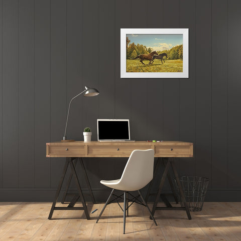 Running Horses II White Modern Wood Framed Art Print by Adamov, Alexey