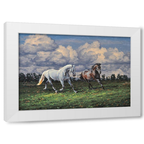 Horses after the Rain White Modern Wood Framed Art Print by Adamov, Alexey