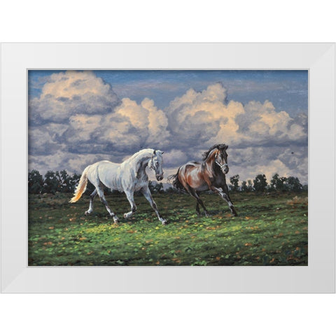 Horses after the Rain White Modern Wood Framed Art Print by Adamov, Alexey