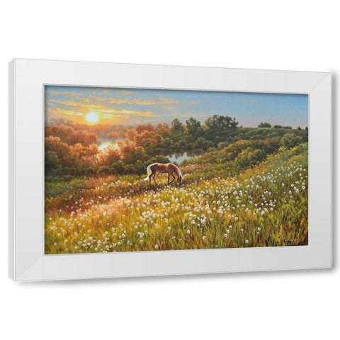 Horse by Sunrise White Modern Wood Framed Art Print by Adamov, Alexey