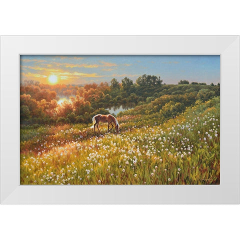 Horse by Sunrise White Modern Wood Framed Art Print by Adamov, Alexey