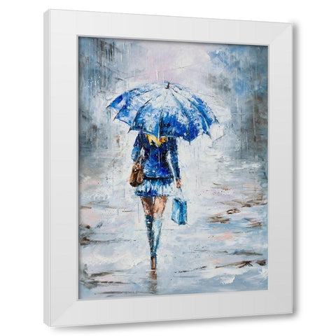 Lady in Blue with Umbrella White Modern Wood Framed Art Print by Kowalik, Jolanta