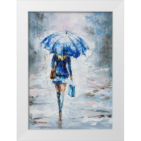 Lady in Blue with Umbrella White Modern Wood Framed Art Print by Kowalik, Jolanta