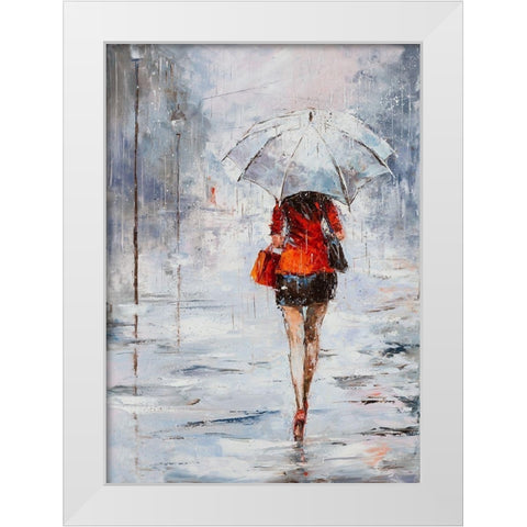 Lady in Red with Umbrella White Modern Wood Framed Art Print by Kowalik, Jolanta