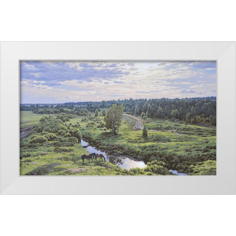Landscape with River White Modern Wood Framed Art Print by Adamov, Alexey