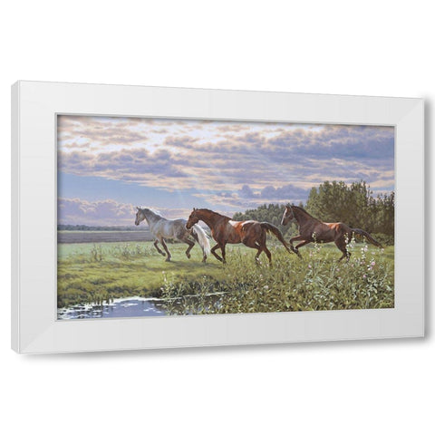 Three Running Horses White Modern Wood Framed Art Print by Adamov, Alexey