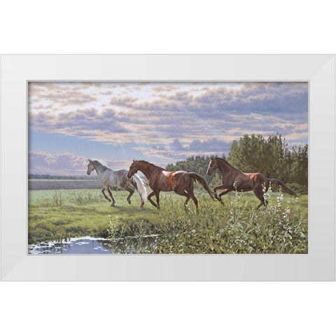 Three Running Horses White Modern Wood Framed Art Print by Adamov, Alexey