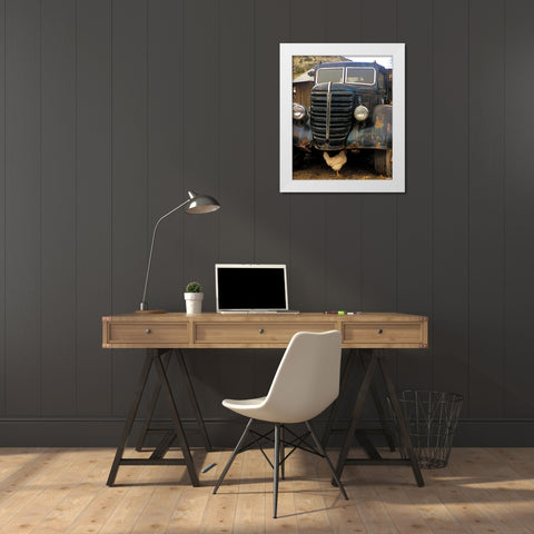 Bygone Chicken White Modern Wood Framed Art Print by Popcorn