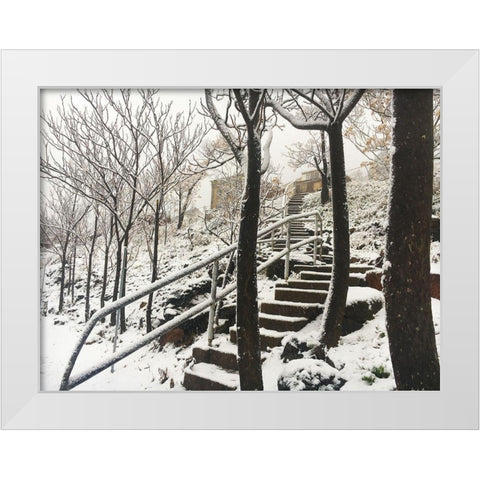 Jerome Snowy Stairs I White Modern Wood Framed Art Print by Popcorn
