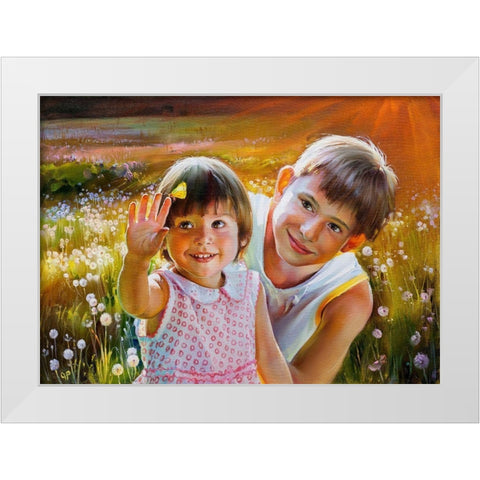 Children White Modern Wood Framed Art Print by Romanov, Roman