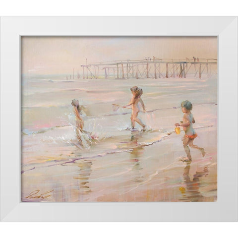 Children and the ocean White Modern Wood Framed Art Print by Romanov, Roman