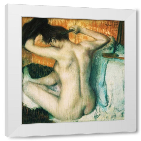 Woman Combing her Hair White Modern Wood Framed Art Print by Degas, Edgar