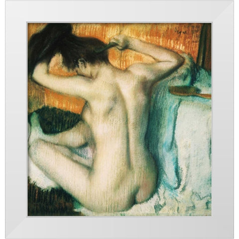 Woman Combing her Hair White Modern Wood Framed Art Print by Degas, Edgar