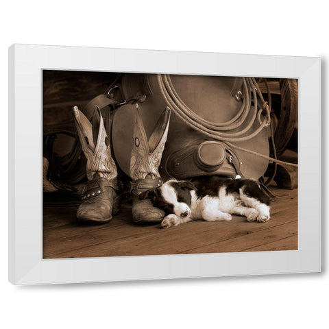 Cowboy Puppy White Modern Wood Framed Art Print by Dawson, Robert