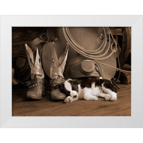 Cowboy Puppy White Modern Wood Framed Art Print by Dawson, Robert