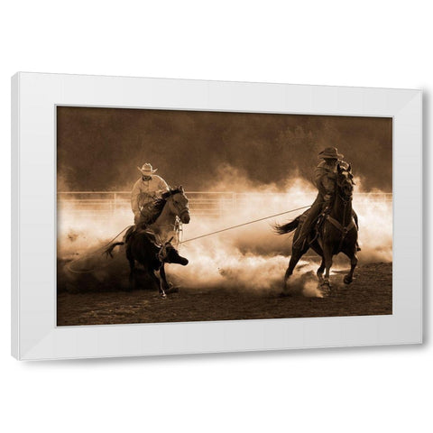Roping on the Ranch ~ Sepia White Modern Wood Framed Art Print by Dawson, Robert