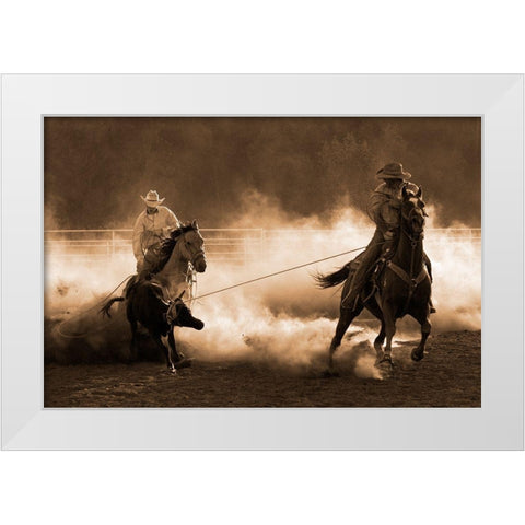 Roping on the Ranch ~ Sepia White Modern Wood Framed Art Print by Dawson, Robert
