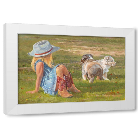 Red Boots and Puppies White Modern Wood Framed Art Print by Dudley, June